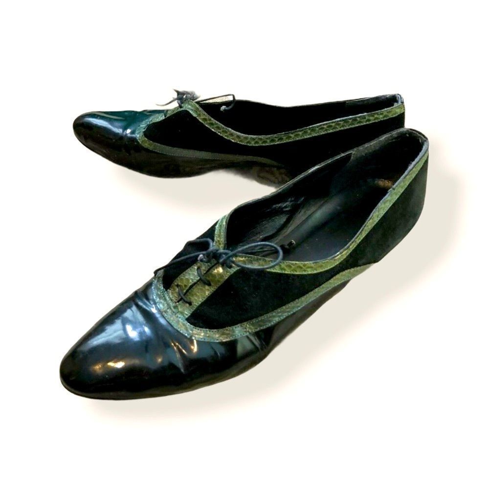 Vintage Oxfords! Black Patent Lace Up W/Green Snakeskin Trim 8.5 Narrow AA